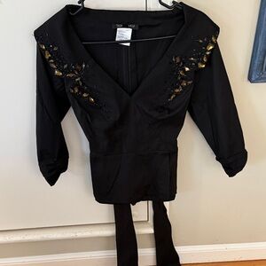 Tadashi Shoji Black Embellished V-Neck Top